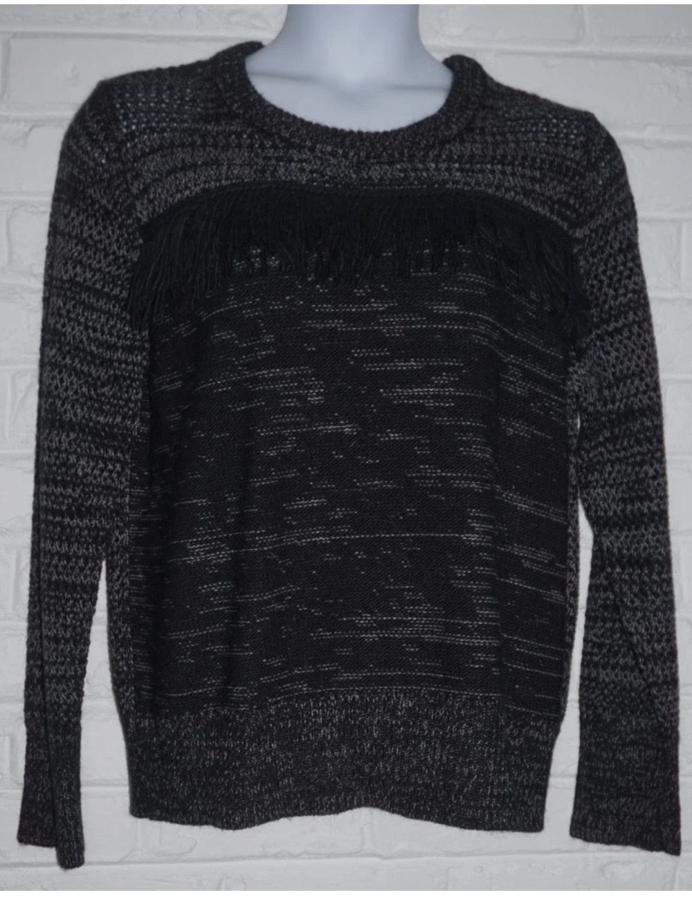 Banana Republic Fringe Gray & Black Crewneck Sweater Size: XL Sheer Sleeves Wool